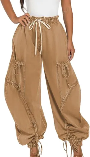 Women's Baggy Barrel Jeans High Waist Y2K Drawstring Bow Tie Cargo Jogger Jean Wide Leg Denim Pants Sweatpants