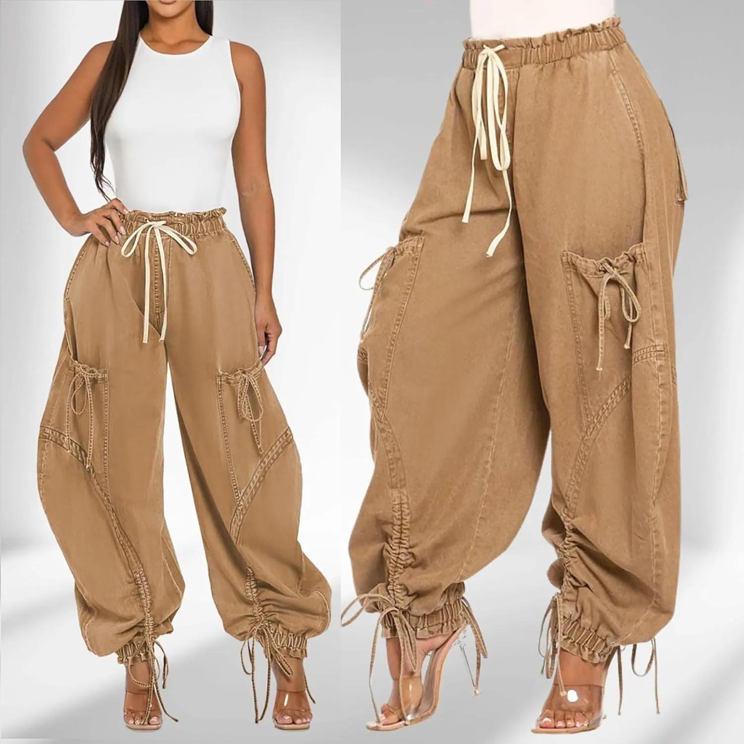 Women's Baggy Barrel Jeans High Waist Y2K Drawstring Bow Tie Cargo Jogger Jean Wide Leg Denim Pants Sweatpants