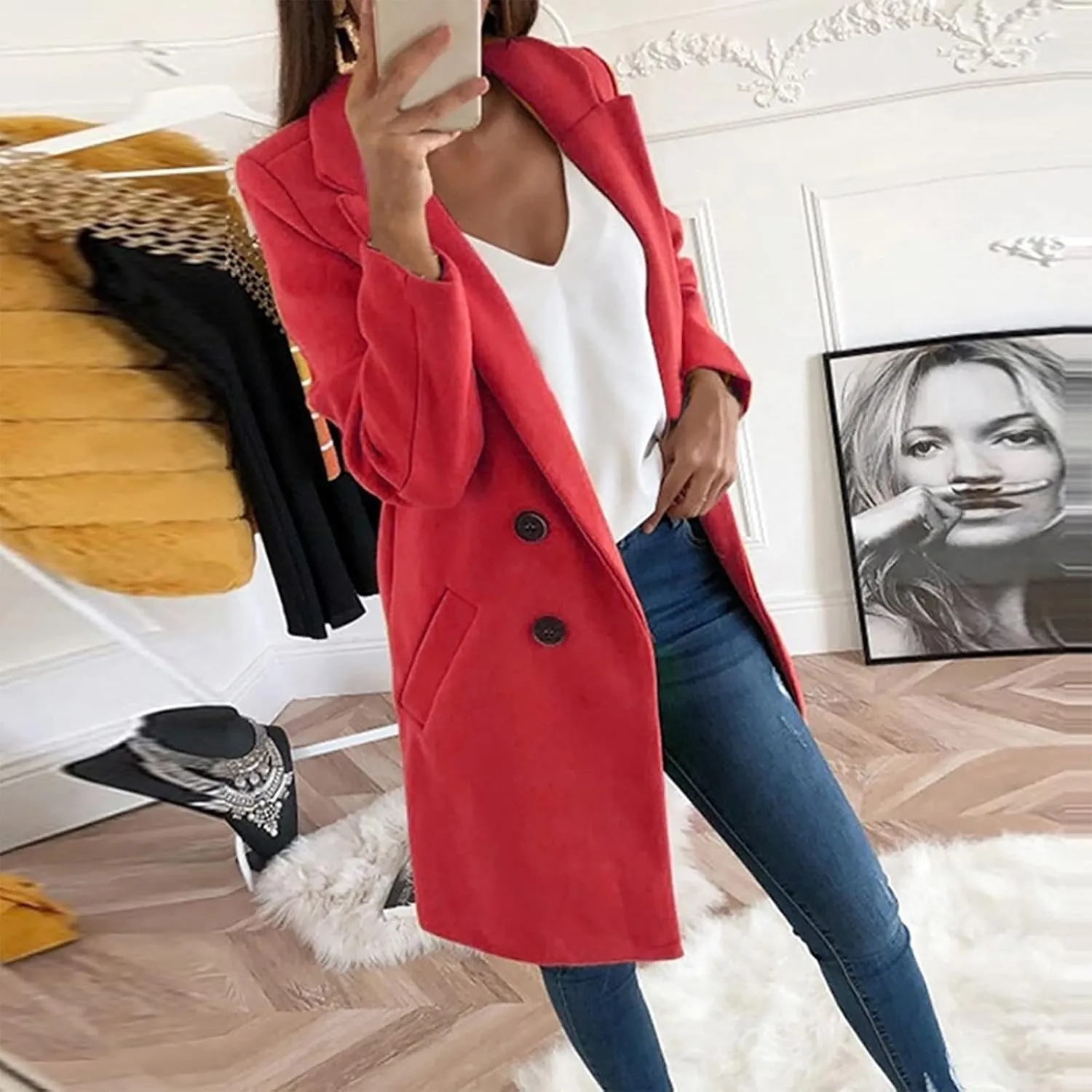 Women's Basic Wool Blend Pea Coats,Essential Double Breasted Midi Wool Blend Pea Coats Blazer Warm Winter Big Jackets