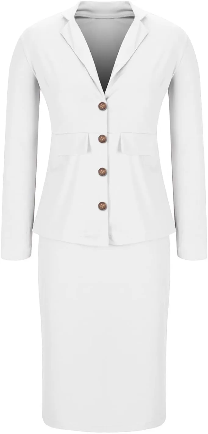 Women's Business Suit 2 Piece Long Sleeve Skirt Suit Set Lady Blazer Office Work Solid Color Slim Fit Jacket Outfits
