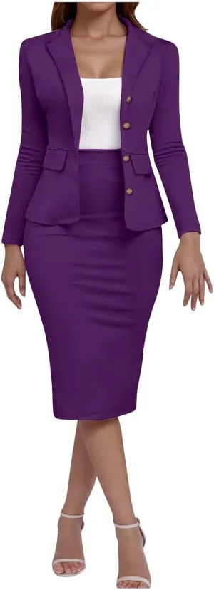 Women's Business Suit 2 Piece Long Sleeve Skirt Suit Set Lady Blazer Office Work Solid Color Slim Fit Jacket Outfits