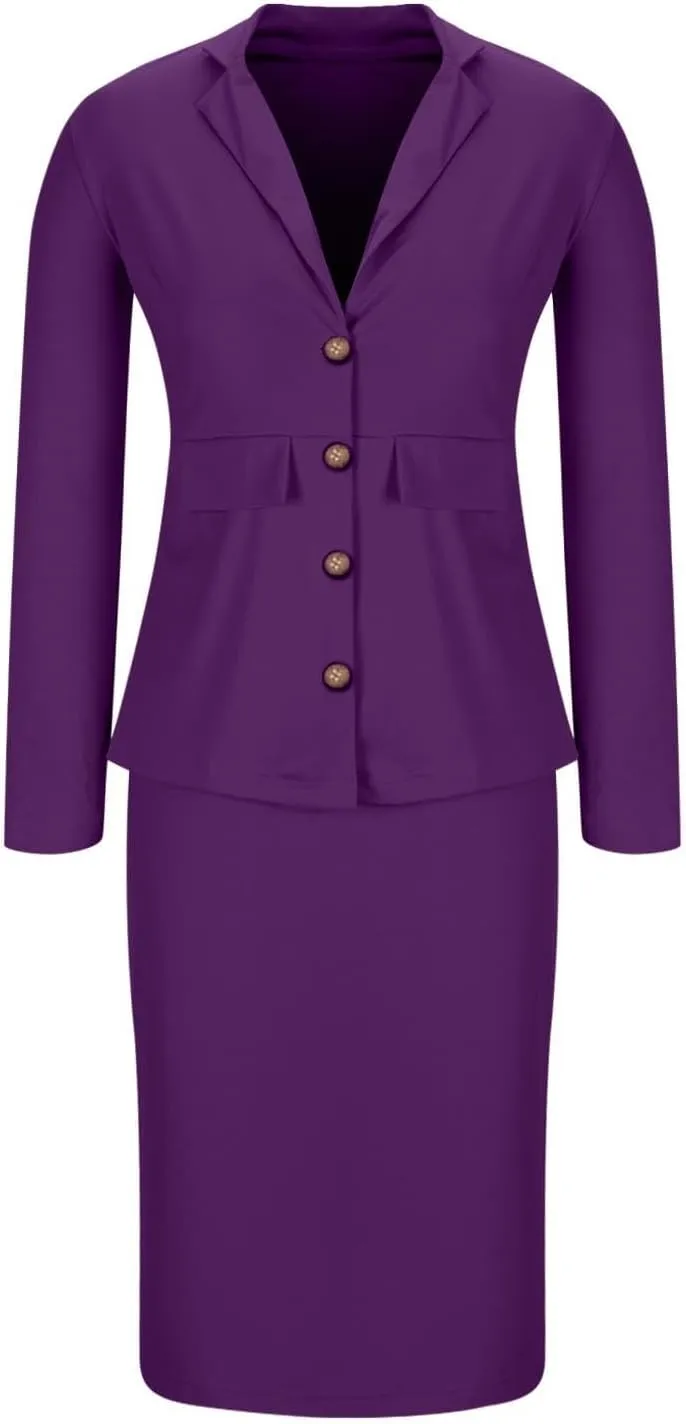 Women's Business Suit 2 Piece Long Sleeve Skirt Suit Set Lady Blazer Office Work Solid Color Slim Fit Jacket Outfits