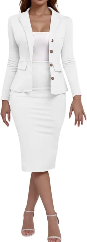 Women's Business Suit 2 Piece Long Sleeve Skirt Suit Set Lady Blazer Office Work Solid Color Slim Fit Jacket Outfits
