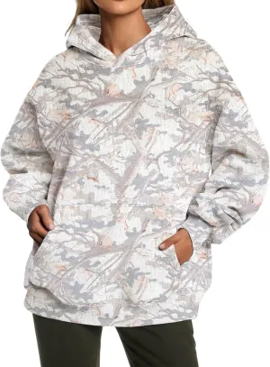Women's Camo Hoodie Maple Leaf Printed Sweatshirt Cute Oversized Hoodie Fleece Casual Long Sleeve Pullover Sweatshirts
