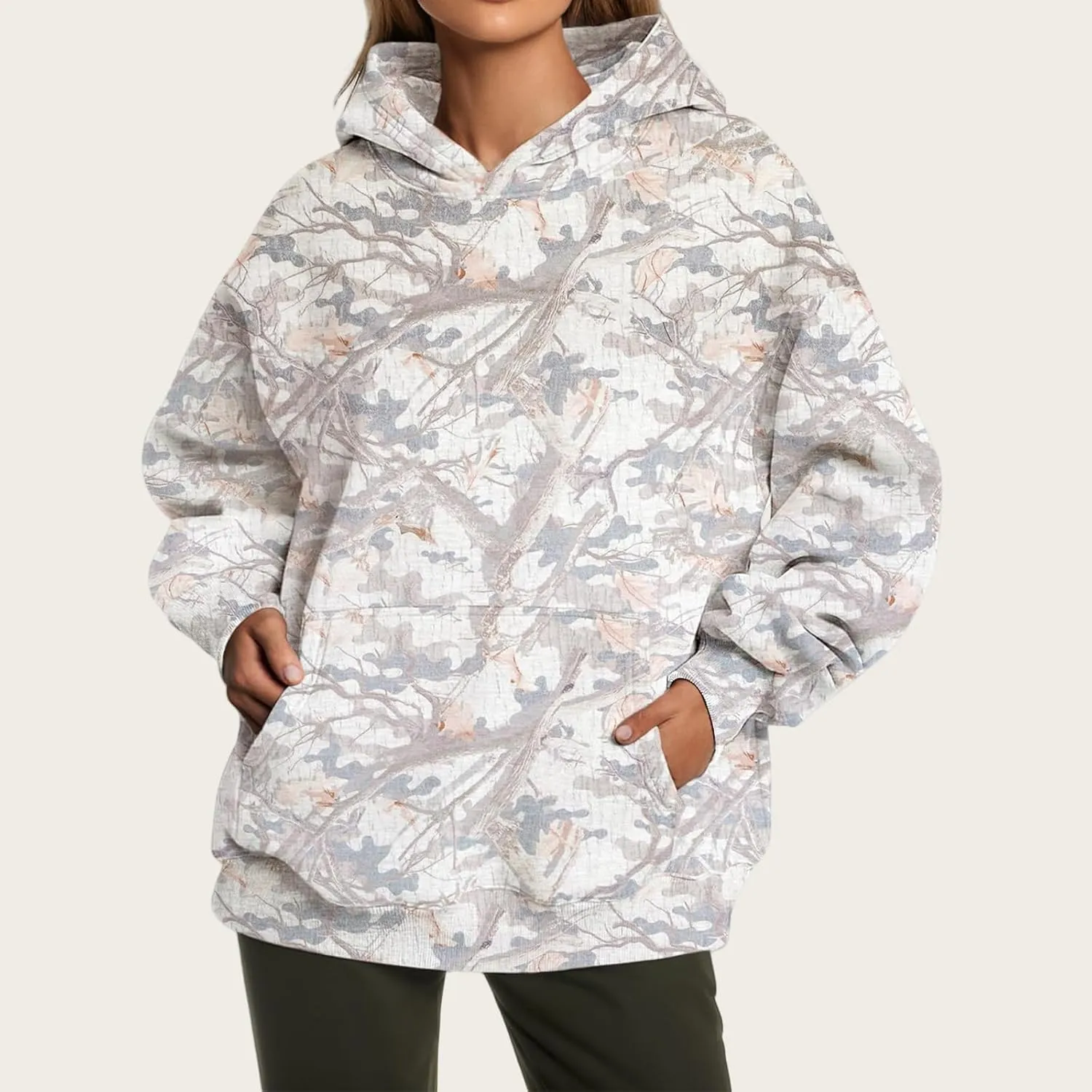 Women's Camo Hoodie Maple Leaf Printed Sweatshirt Cute Oversized Hoodie Fleece Casual Long Sleeve Pullover Sweatshirts