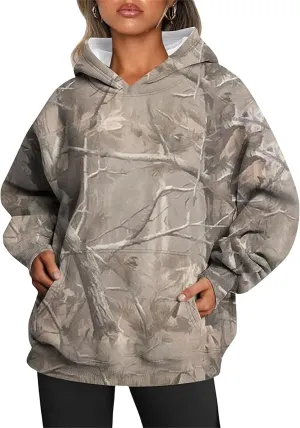 Womens Camo Hoodie Oversized Hooded Sweatshirt Long Sleeve Sweatshirts Leaf Print Hoodie Casual Pullover