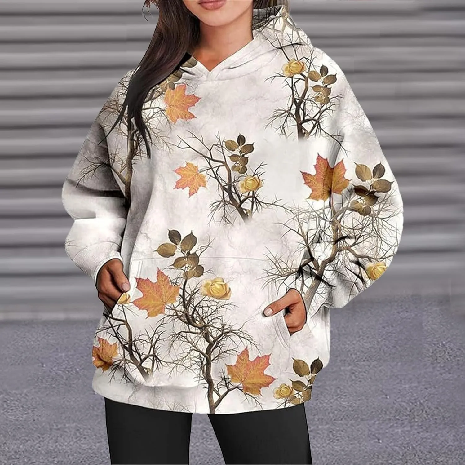 Womens Camo Hoodies Sweatshirt Maple Leaf Print Oversized Hooded Sweatshirt Long Sleeve Fall Pullover Top with Pockets