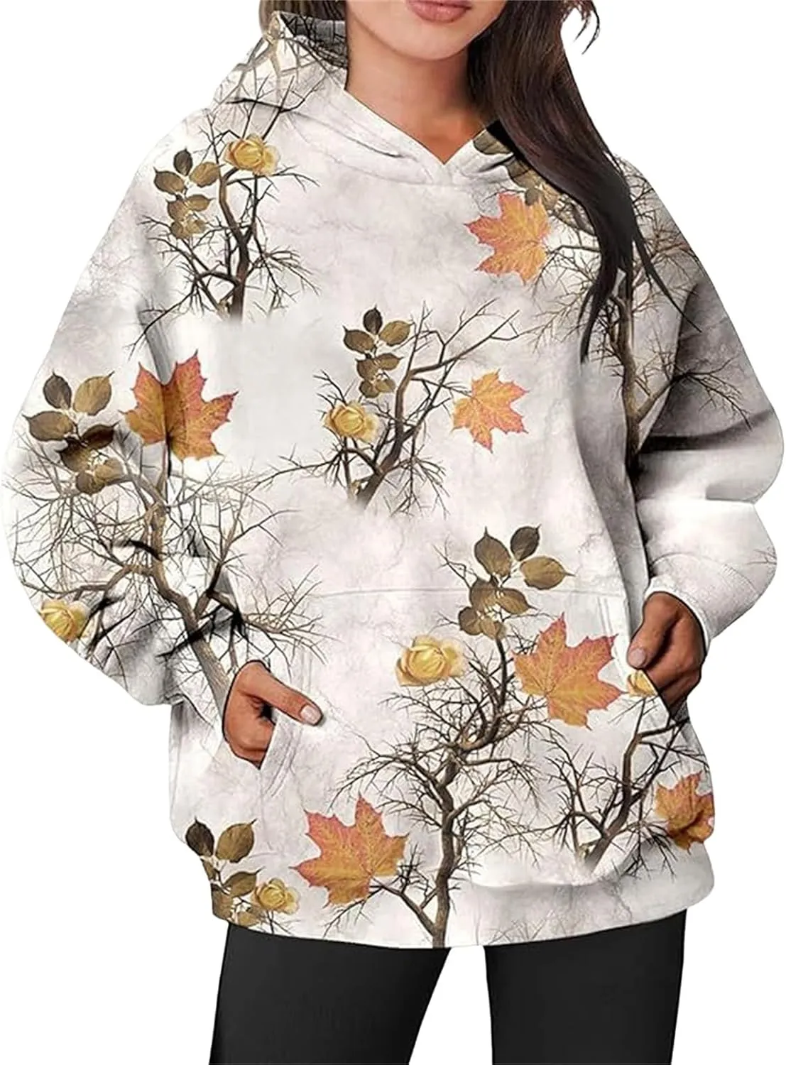 Womens Camo Hoodies Sweatshirt Maple Leaf Print Oversized Hooded Sweatshirt Long Sleeve Fall Pullover Top with Pockets
