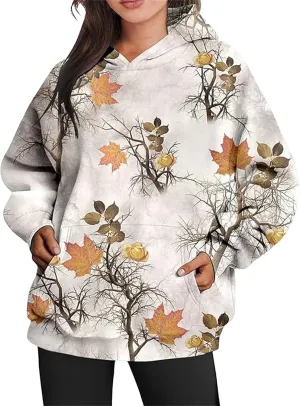 Womens Camo Hoodies Sweatshirt Maple Leaf Print Oversized Hooded Sweatshirt Long Sleeve Fall Pullover Top with Pockets