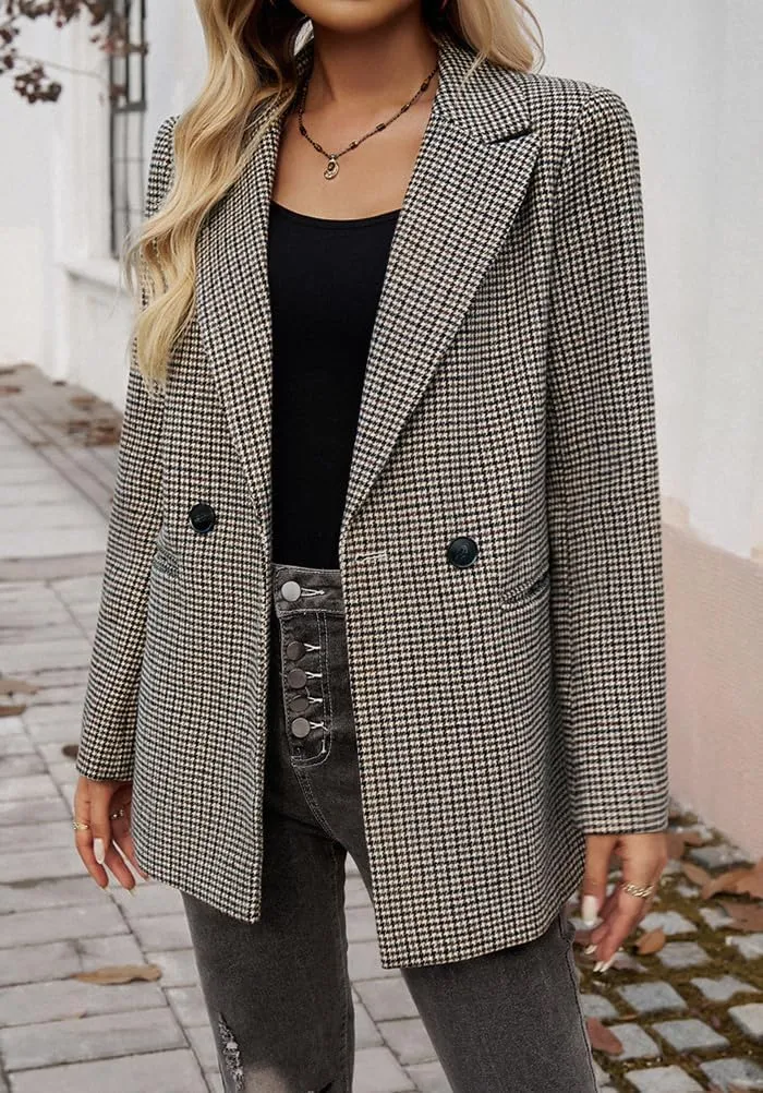 Womens Casual Blazer Open Front Long Sleeve Lapel Houndstooth Jacket Blazers Bussiness Work Office Suits