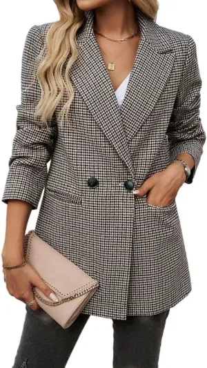 Womens Casual Blazer Open Front Long Sleeve Lapel Houndstooth Jacket Blazers Bussiness Work Office Suits