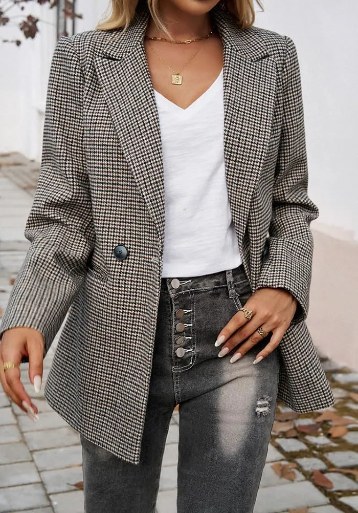 Womens Casual Blazer Open Front Long Sleeve Lapel Houndstooth Jacket Blazers Bussiness Work Office Suits