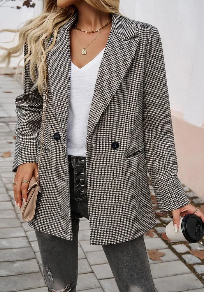Womens Casual Blazer Open Front Long Sleeve Lapel Houndstooth Jacket Blazers Bussiness Work Office Suits