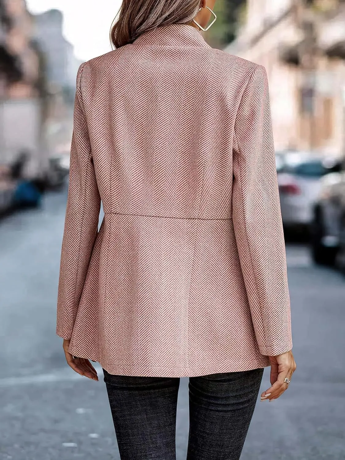 Women's Casual Business Blazer Open Front Long Sleeve Notch Lapel Office Coat Stand Collar Trench Jacket