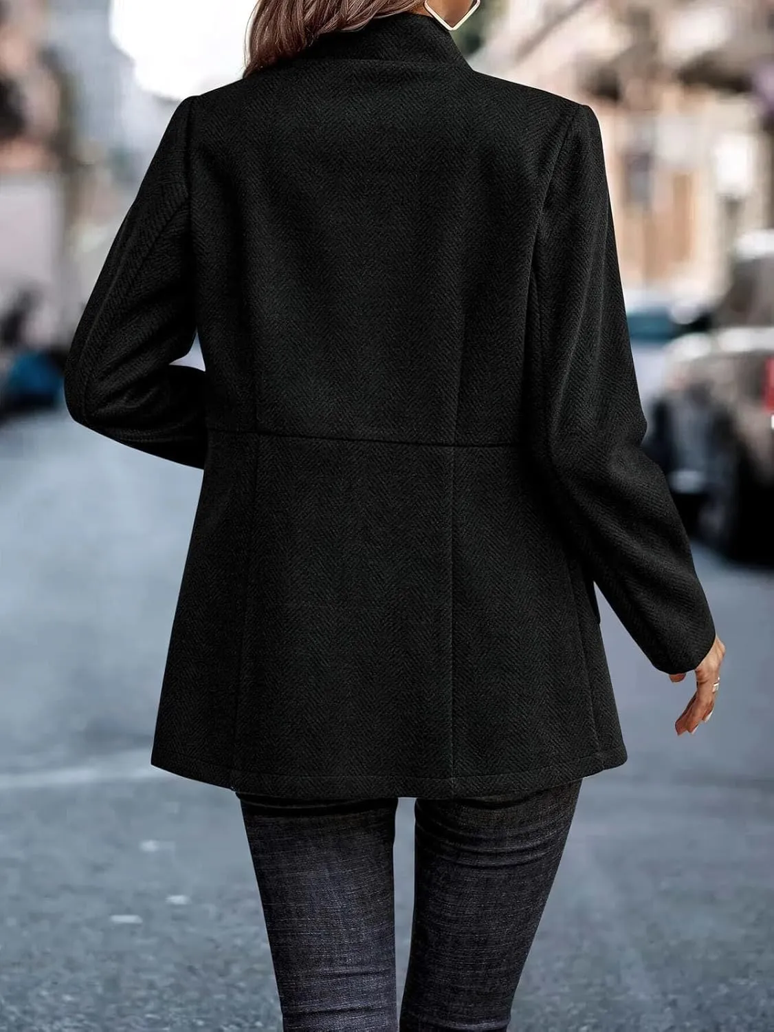 Women's Casual Business Blazer Open Front Long Sleeve Notch Lapel Office Coat Stand Collar Trench Jacket
