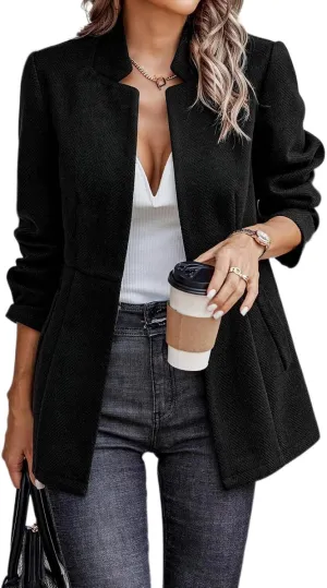 Women's Casual Business Blazer Open Front Long Sleeve Notch Lapel Office Coat Stand Collar Trench Jacket