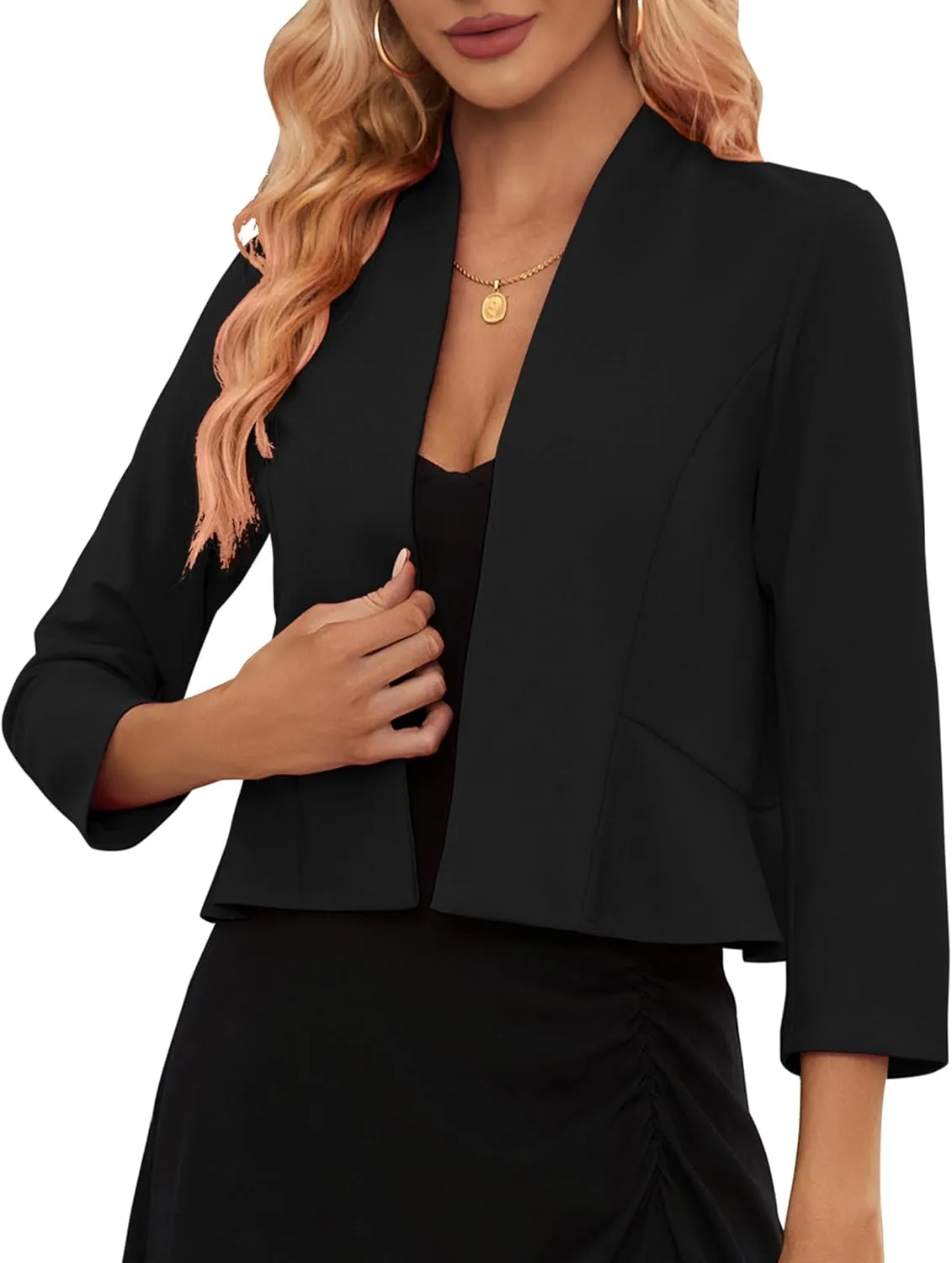 Women's Casual Cropped Blazer 3/4 Sleeve Collarless Open Front Ruffle Work Office Cardigan Suit Jacket Shrug