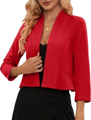 Women's Casual Cropped Blazer 3/4 Sleeve Collarless Open Front Ruffle Work Office Cardigan Suit Jacket Shrug