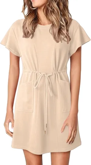 Women's Casual Dresses Ruffle Short Sleeve Crewneck Shirt Dress Drawstring Tunic Shirt Mini Sundress with Pockets