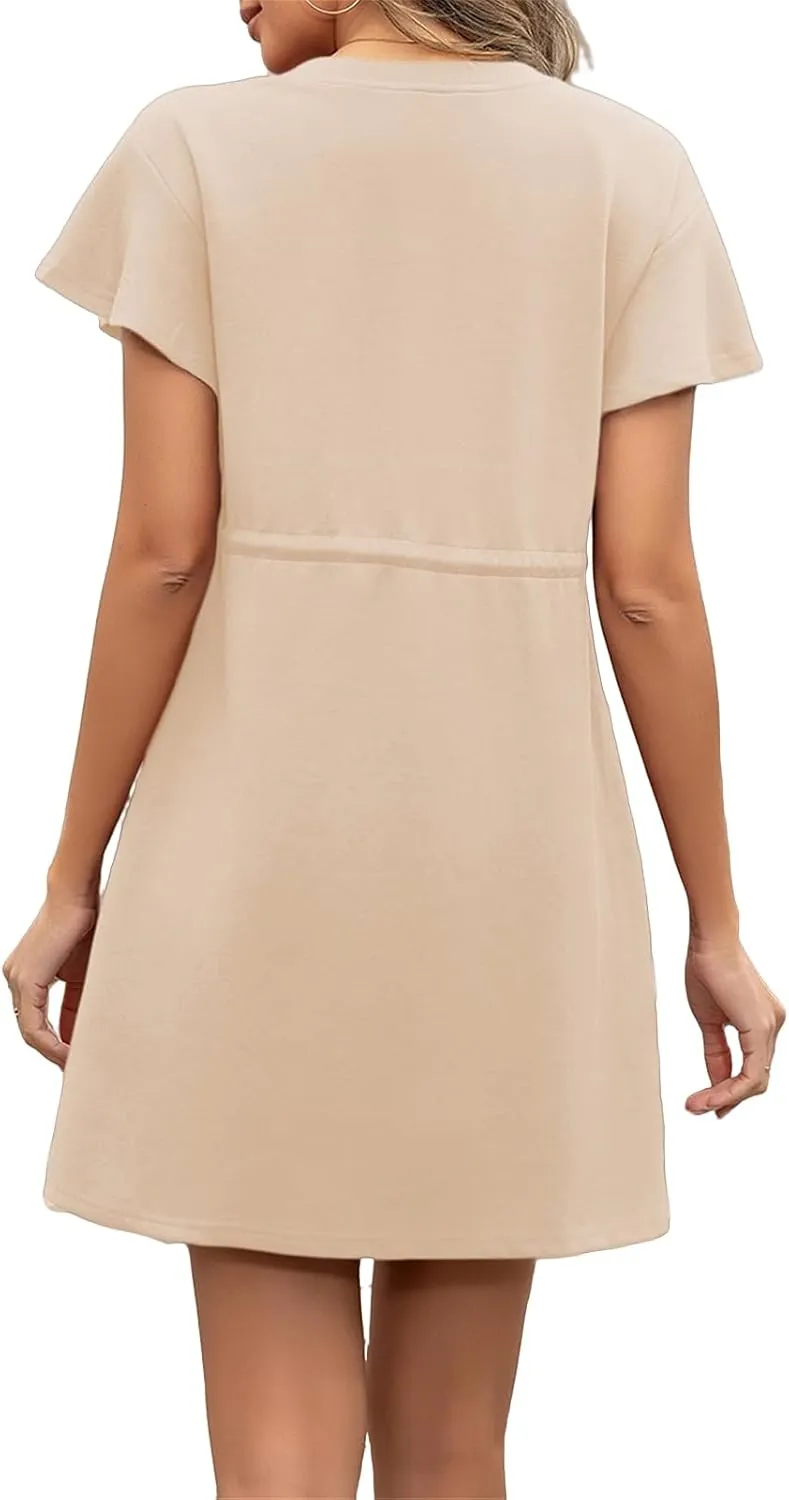 Women's Casual Dresses Ruffle Short Sleeve Crewneck Shirt Dress Drawstring Tunic Shirt Mini Sundress with Pockets