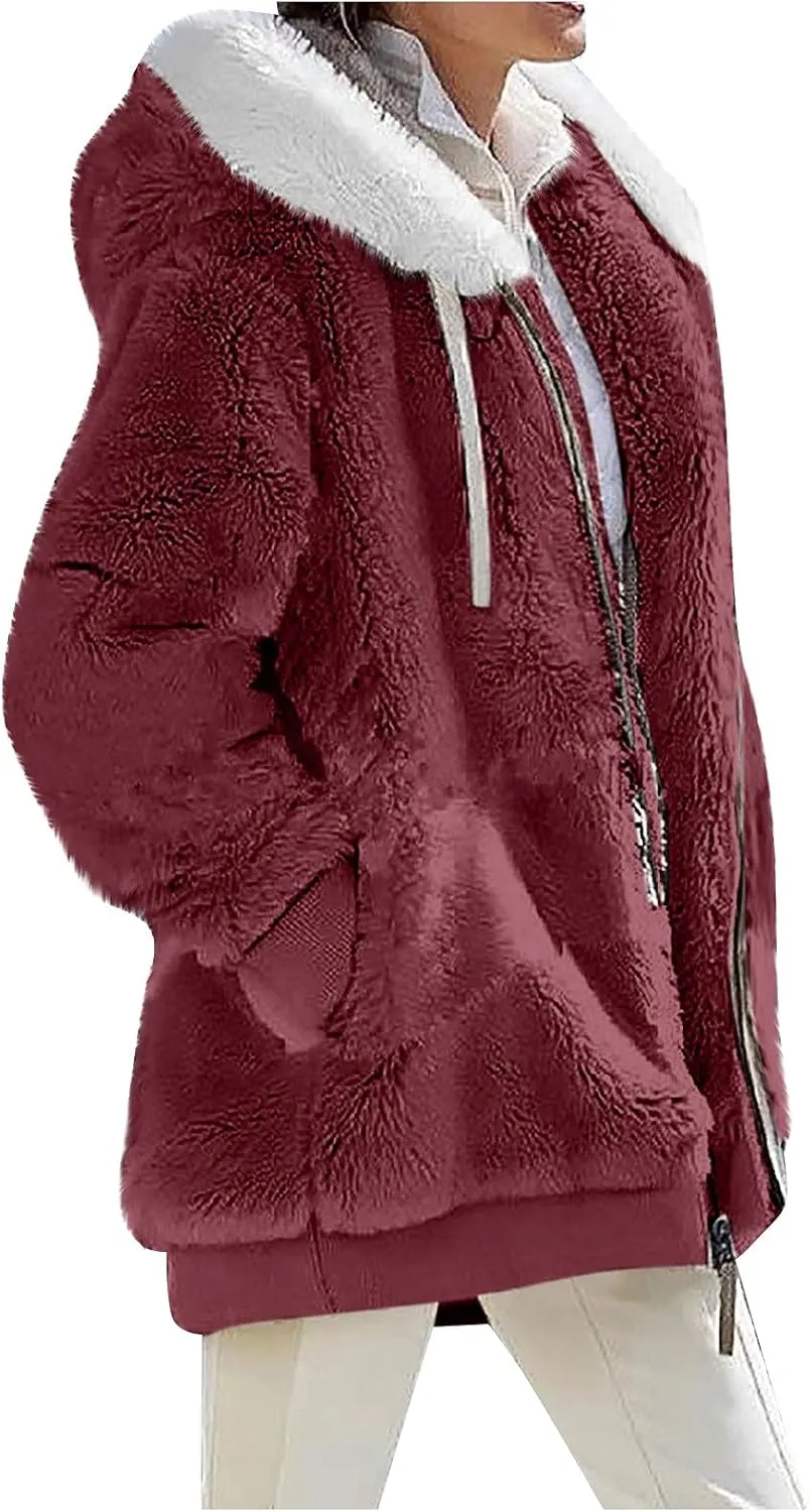 Women's Casual Fashion Loose Solid Color Hat Plus Fleece Collar Pocket Jacket