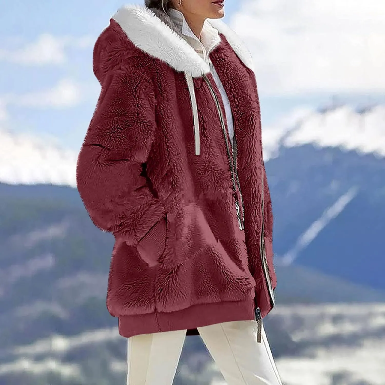 Women's Casual Fashion Loose Solid Color Hat Plus Fleece Collar Pocket Jacket