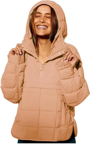 Womens Casual Oversized Puffer Jacket Quilted Dolman Hoodies Pullover Long Sleeve Lightweight Warm Winter Tops Coat