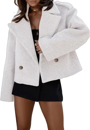 Womens Cropped Peacoat Double Breasted Notched Lapel Coat Wool Blend Short Winter Trench Jacket Casual Dressy Top