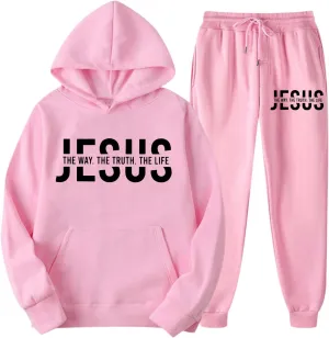 Women's Cute Pink Graphic Christian Sweatsuits 2 Piece Outfit Sets Long Sleeve Hoodie with Pocket and Pants Tracksuit