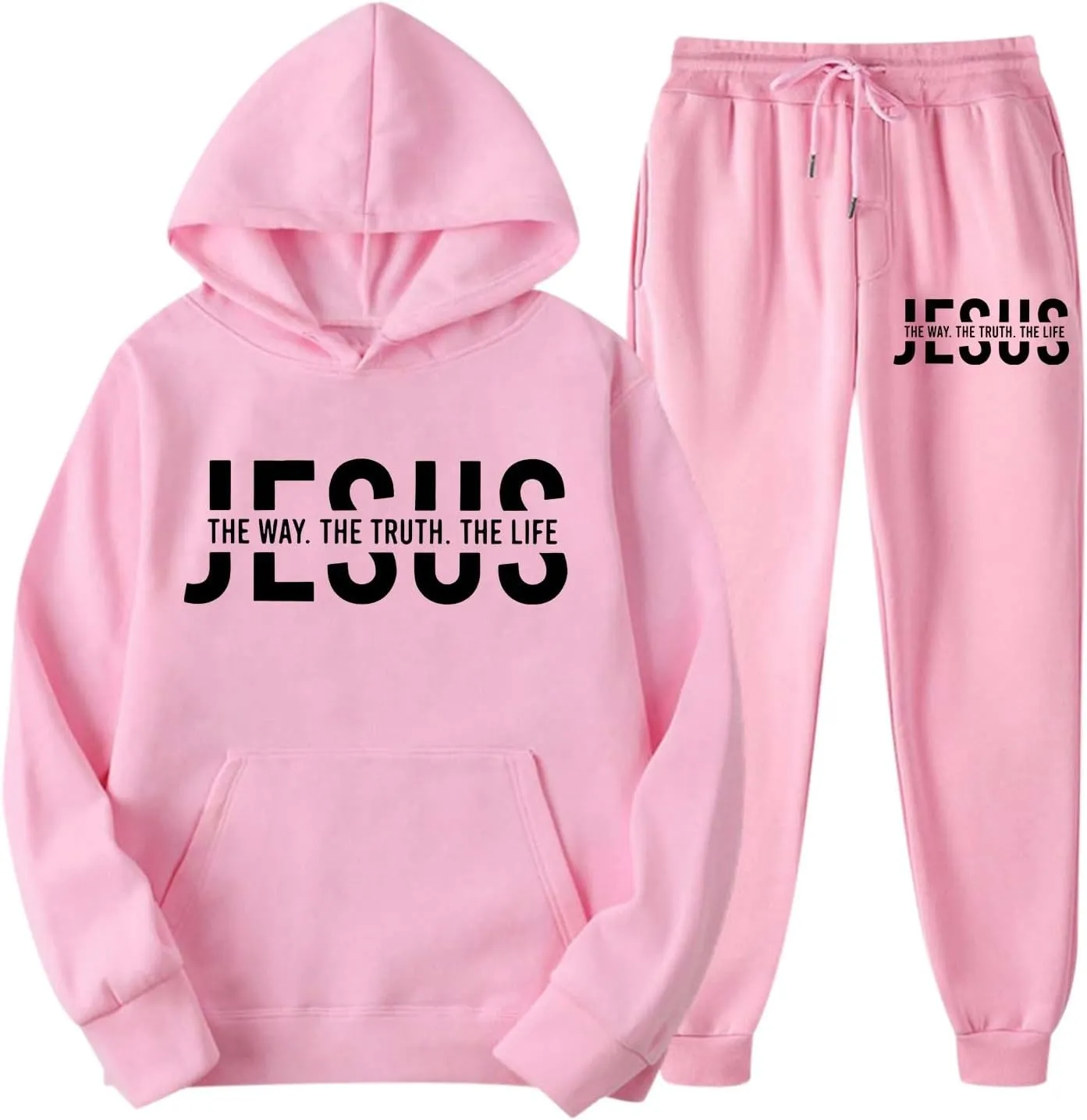 Women's Cute Pink Graphic Christian Sweatsuits 2 Piece Outfit Sets Long Sleeve Hoodie with Pocket and Pants Tracksuit