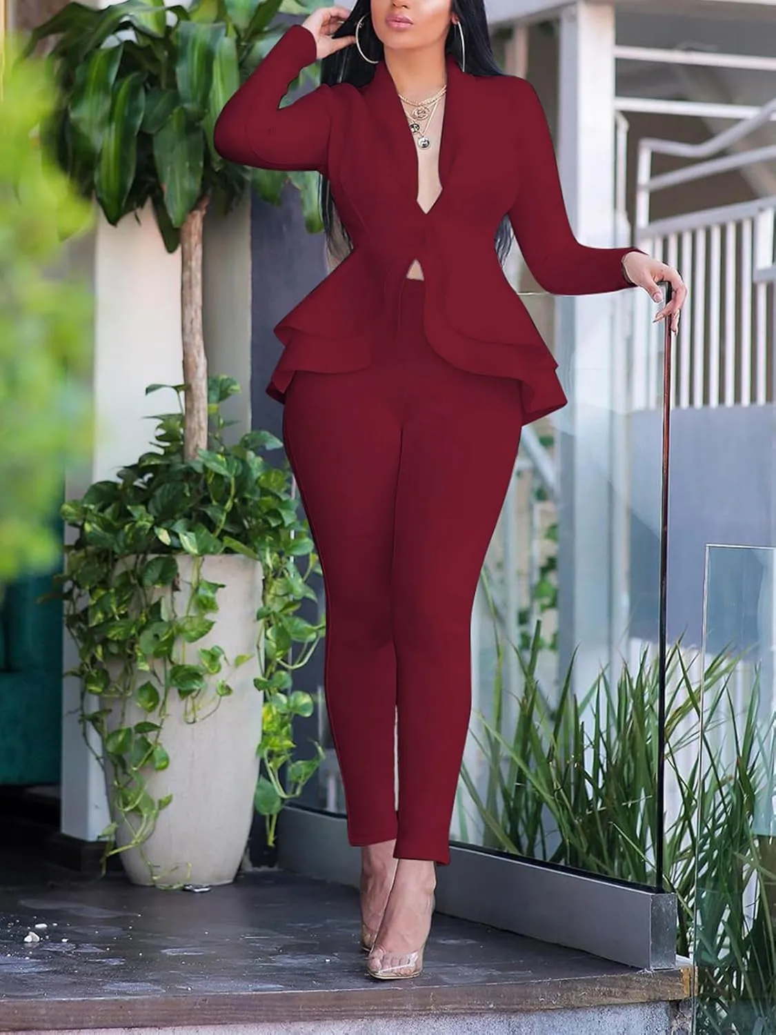Women's Deep V Neck Ruffle Blazer Two Piece Outfits Sets Long Sleeve Long Pants Bodycon Business Suit Set