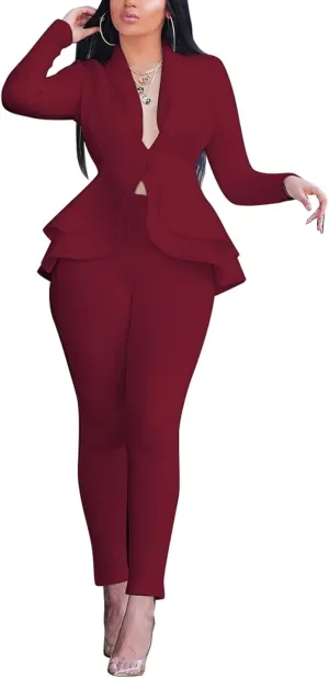 Women's Deep V Neck Ruffle Blazer Two Piece Outfits Sets Long Sleeve Long Pants Bodycon Business Suit Set