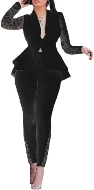 Women's Deep V Neck Ruffle Blazer Two Piece Outfits Sets Long Sleeve Long Pants Bodycon Business Suit Set
