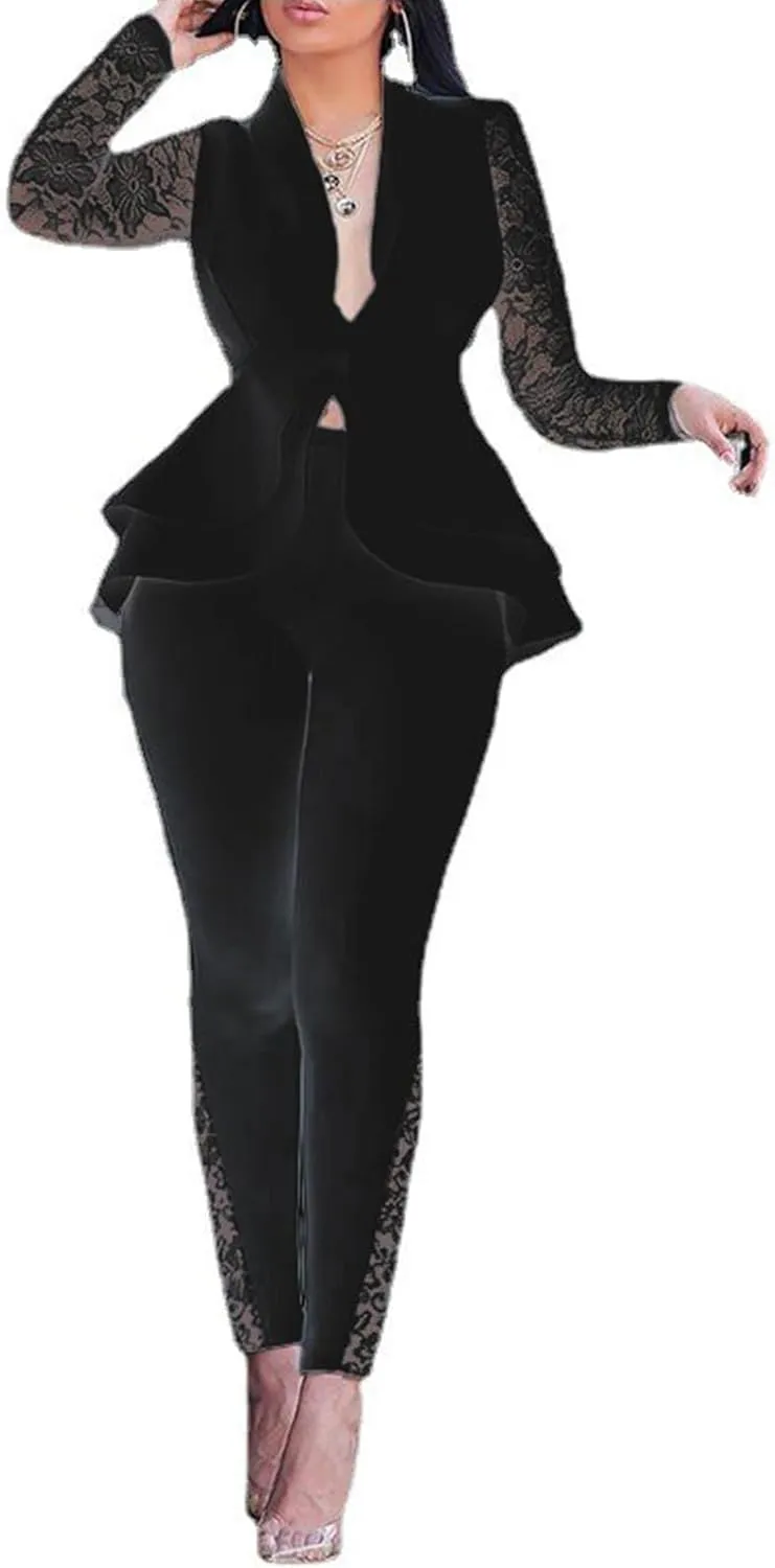 Women's Deep V Neck Ruffle Blazer Two Piece Outfits Sets Long Sleeve Long Pants Bodycon Business Suit Set