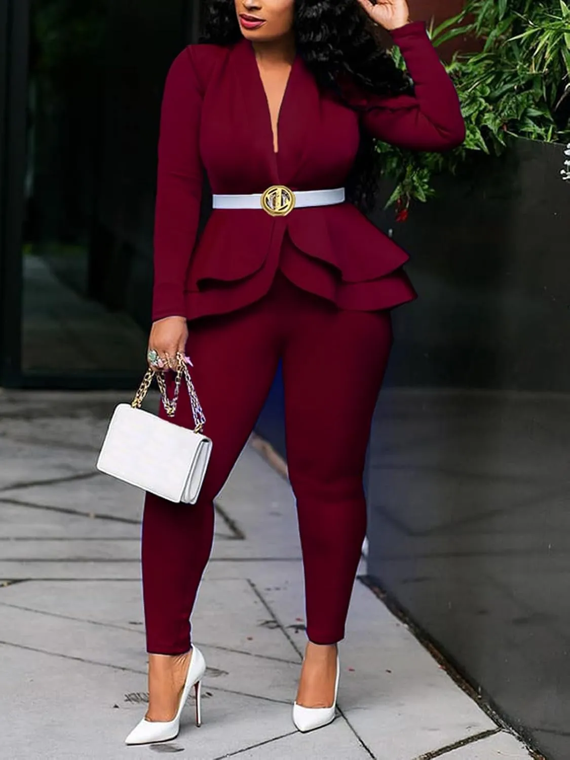 Women's Deep V Neck Ruffle Blazer Two Piece Outfits Sets Long Sleeve Long Pants Bodycon Business Suit Set