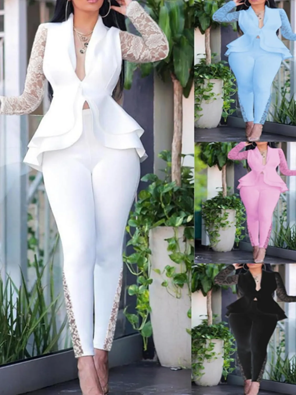 Women's Deep V Neck Ruffle Blazer Two Piece Outfits Sets Long Sleeve Long Pants Bodycon Business Suit Set