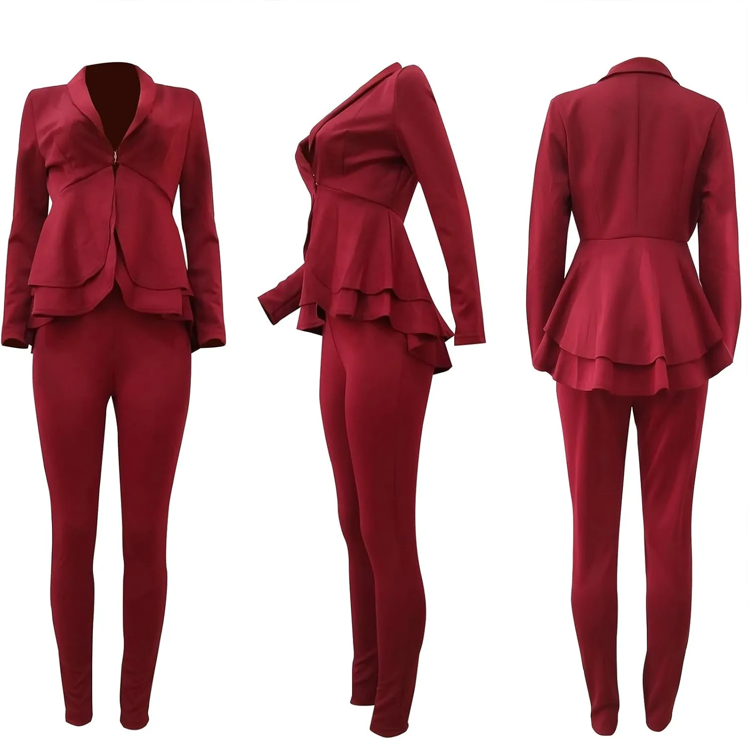Women's Deep V Neck Ruffle Blazer Two Piece Outfits Sets Long Sleeve Long Pants Bodycon Business Suit Set