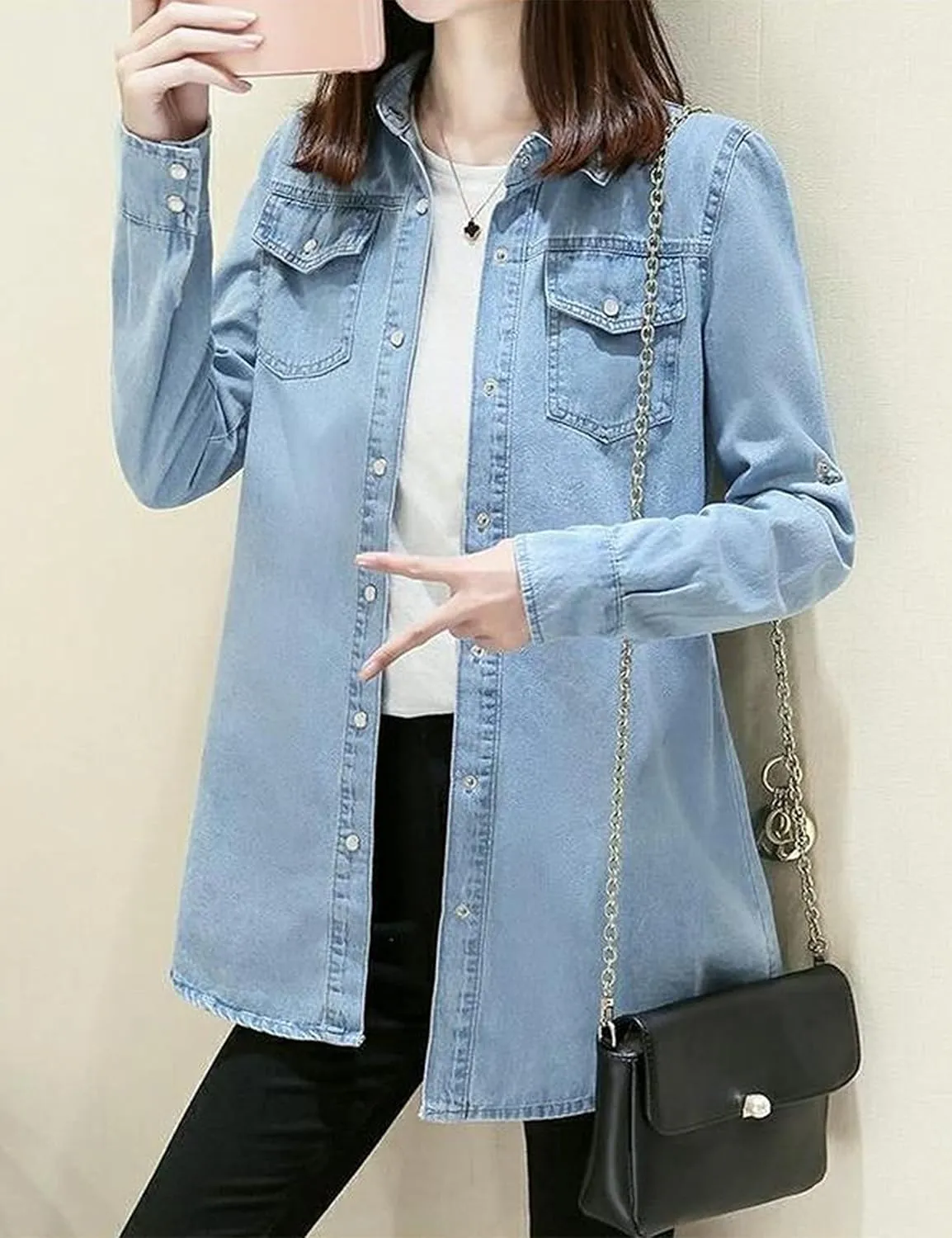 Women's Denim Shirt Long Sleeve Button Down Jean Jacket Shirt