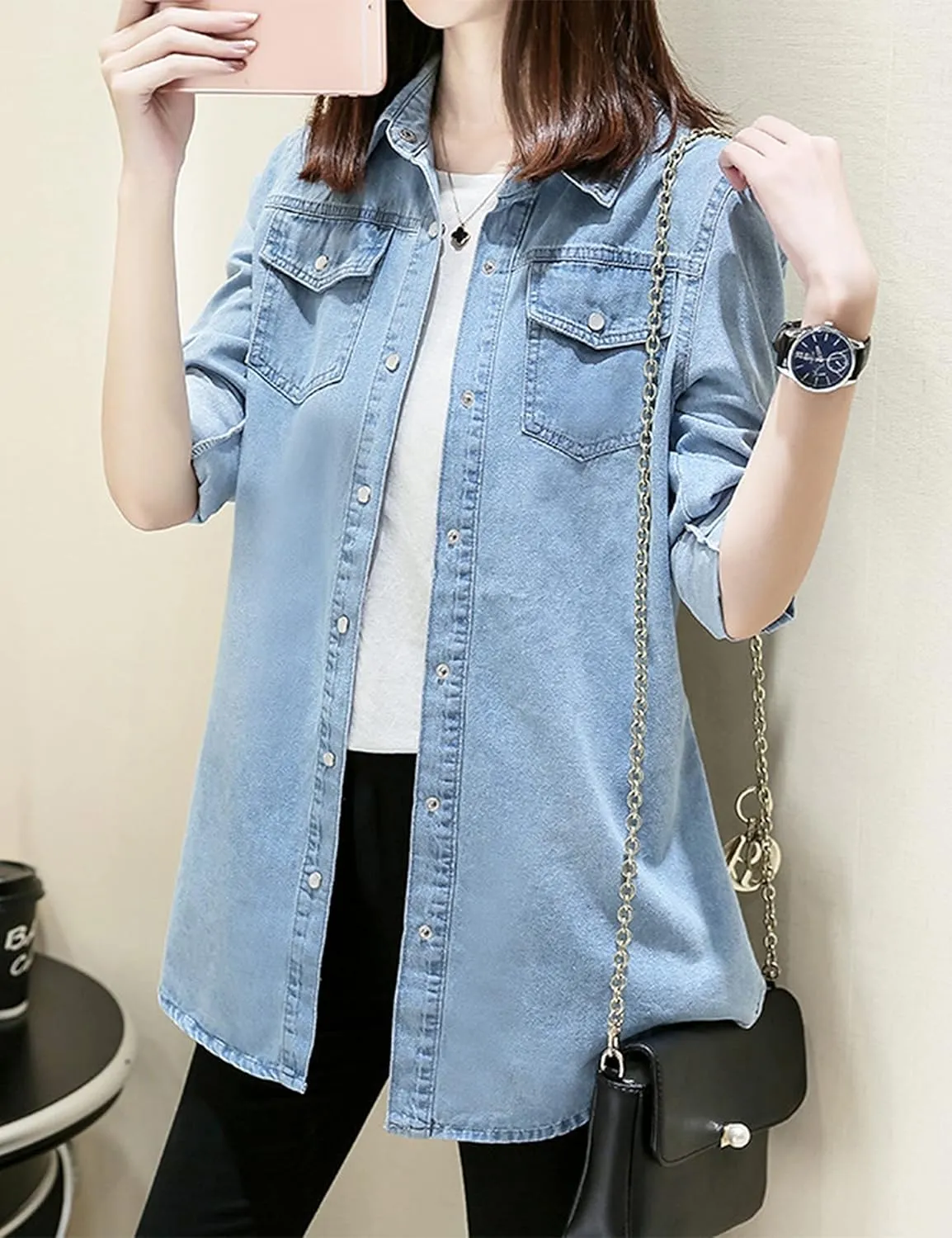 Women's Denim Shirt Long Sleeve Button Down Jean Jacket Shirt