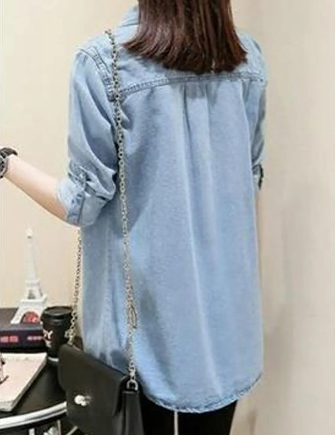 Women's Denim Shirt Long Sleeve Button Down Jean Jacket Shirt