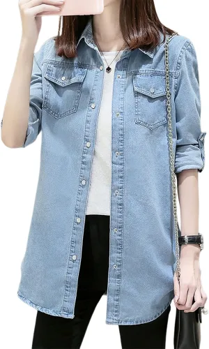 Women's Denim Shirt Long Sleeve Button Down Jean Jacket Shirt