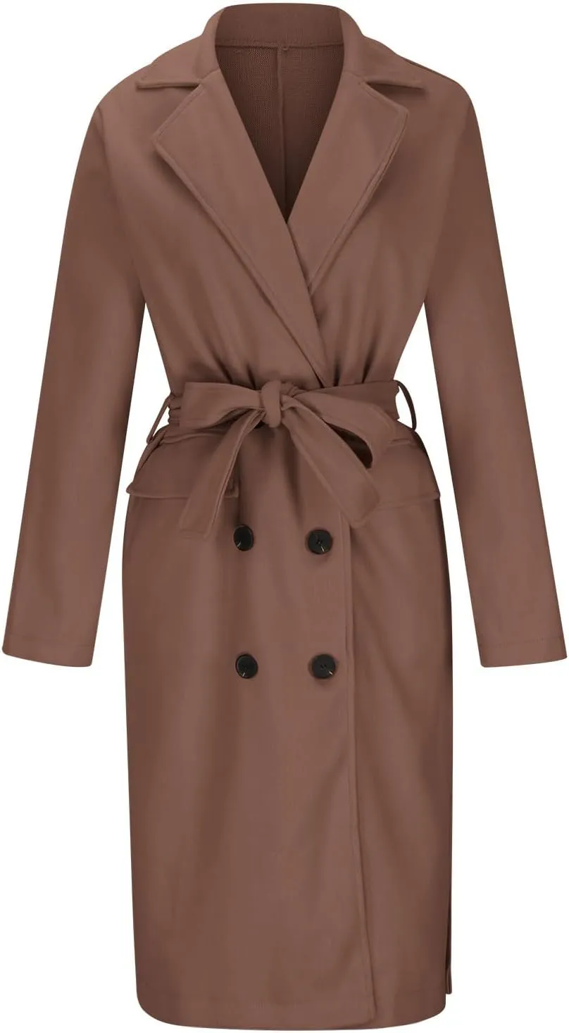 Women's Double Breasted Long Trench Coat Belted Notch Lapel Overcoat Windproof Classic Outerwear Warm Winter Pea Coats