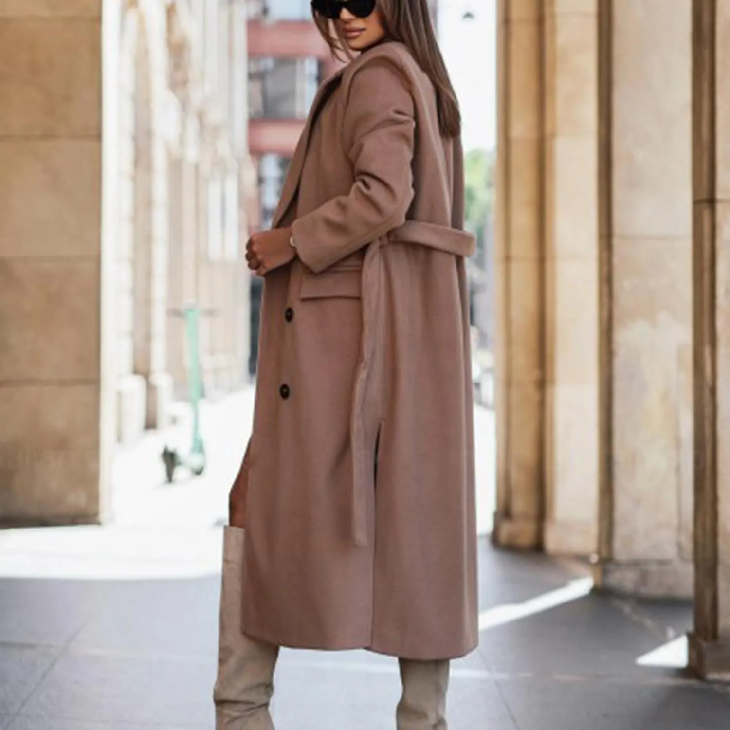 Women's Double Breasted Long Trench Coat Belted Notch Lapel Overcoat Windproof Classic Outerwear Warm Winter Pea Coats