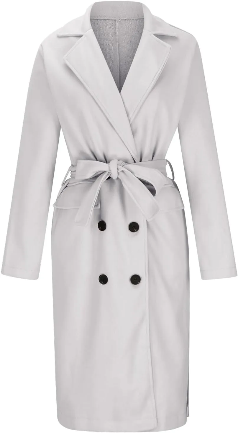 Women's Double Breasted Long Trench Coat Belted Notch Lapel Overcoat Windproof Classic Outerwear Warm Winter Pea Coats