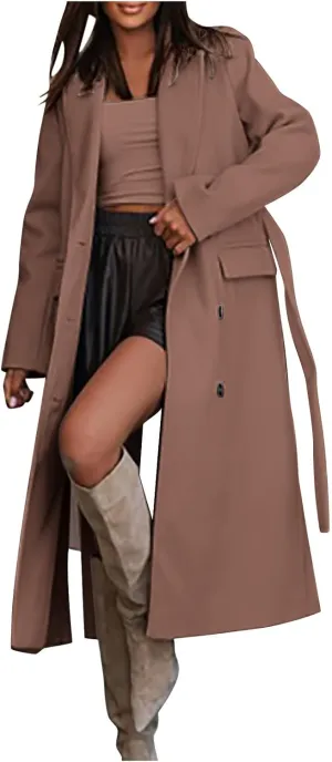 Women's Double Breasted Long Trench Coat Belted Notch Lapel Overcoat Windproof Classic Outerwear Warm Winter Pea Coats