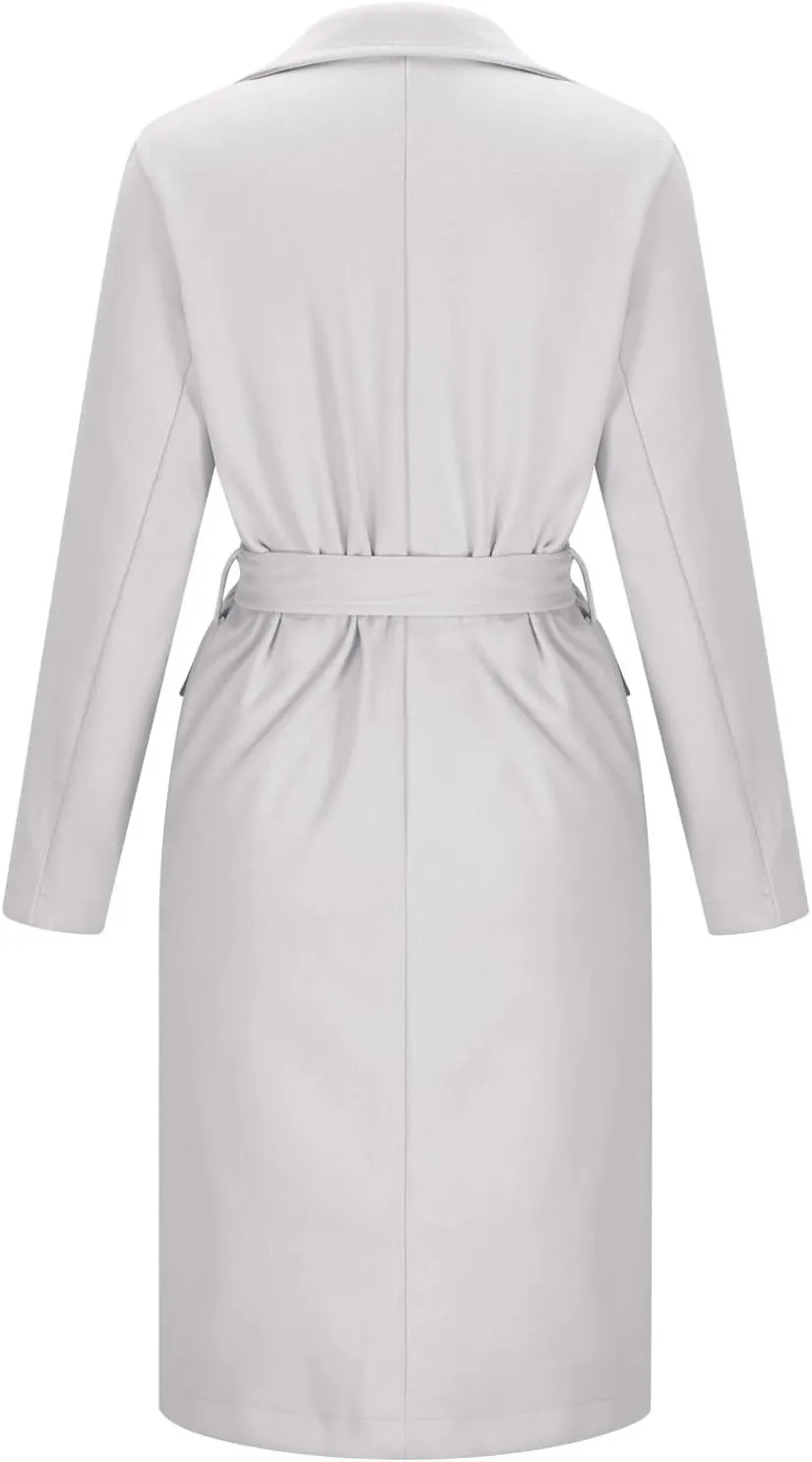 Women's Double Breasted Long Trench Coat Belted Notch Lapel Overcoat Windproof Classic Outerwear Warm Winter Pea Coats