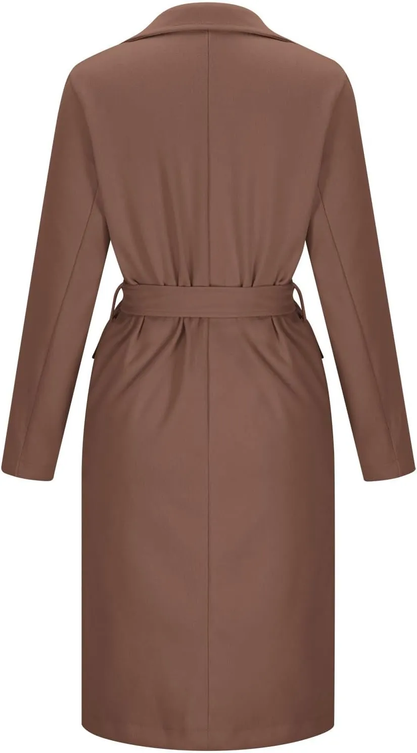 Women's Double Breasted Long Trench Coat Belted Notch Lapel Overcoat Windproof Classic Outerwear Warm Winter Pea Coats