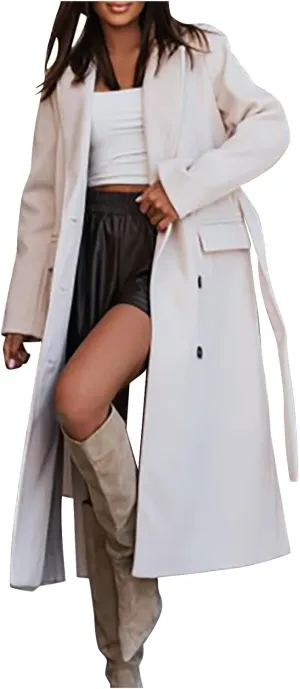 Women's Double Breasted Long Trench Coat Belted Notch Lapel Overcoat Windproof Classic Outerwear Warm Winter Pea Coats