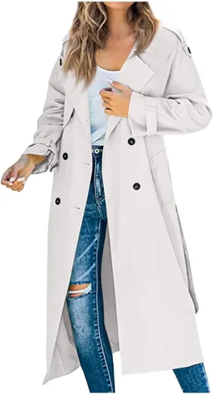 Women's Double Breasted Long Trench Coat - Spring Fall Windproof Classic Lapel Overcoat with Belt - Waterproof Olive Green