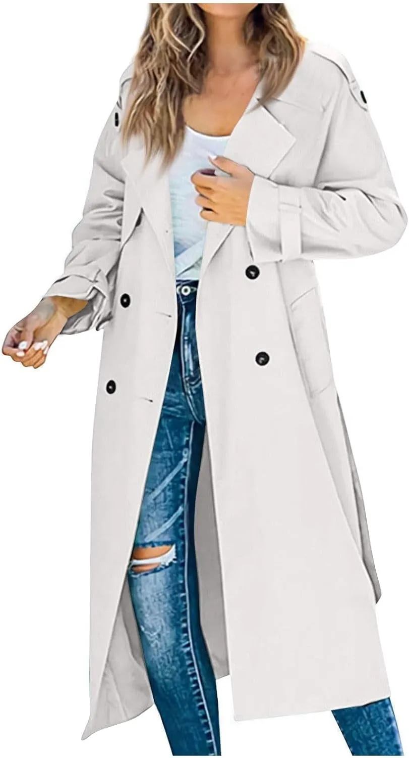Women's Double Breasted Long Trench Coat - Spring Fall Windproof Classic Lapel Overcoat with Belt - Waterproof Olive Green
